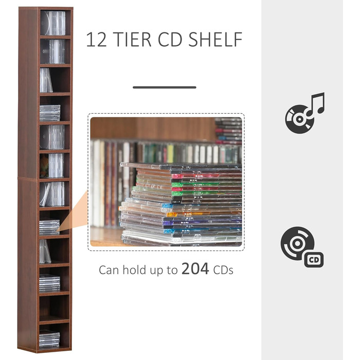 Стелаж HOMCOM для зберігання CD та DVD, 12 секцій, до 204 дисків, 21x20x175 см, коричневий