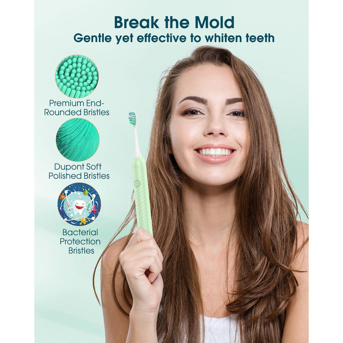 Електрична зубна щітка для дорослих з 6 насадками, акумуляторна звукова, 180 днів роботи, світло-зелена