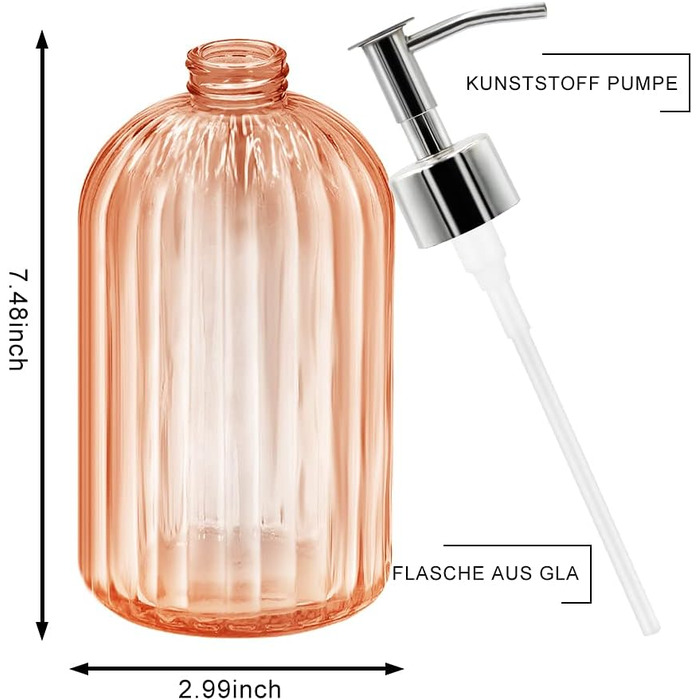 Набір з 2 скляних дозатори для мила з помпою, 400 мл, для мила, шампуню, лосьйону, багаторазові, для кухні, ванної, пральні (бурштиновий)