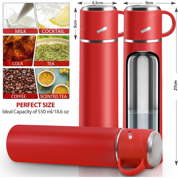 Термос IAGORYUE з нержавіючої сталі, 0.55л, з виливним кришкою та ручкою, подвійні стінки, зберігає тепло/холод до 12 годин, для спорту, офісу, відпочинку на природі (червоний)