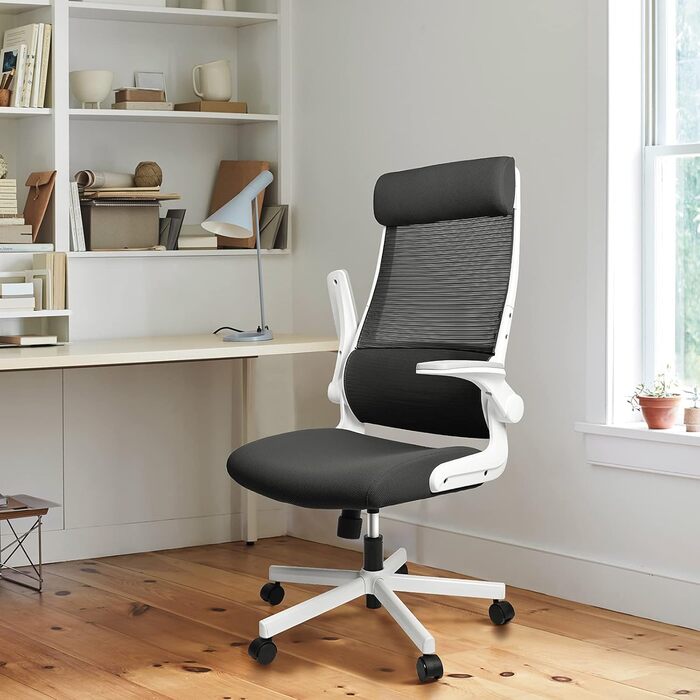Ергономічне крісло для офісу з регульованою підголівником, крісло для робочого столу з сітки, відкидні підлокітники, широке сидіння, функція гойдання, комп'ютерне крісло EN 1335, офісне крісло 200 кг (чорно-біле)