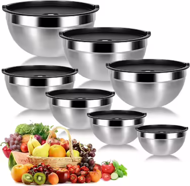 Stainless Steel Bowl Set, 7-Piece, Stainless Steel Mixing Bowls, Salad Bowls, Kitchen Bowls with Lids, Multifunctional Bowls, Nesting