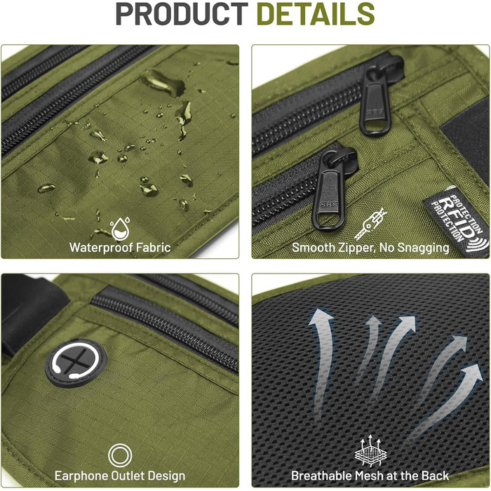 Водонепроникна поясна сумка з RFID захистом та антикрадіжною системою для подорожей та спорту (оливковий)