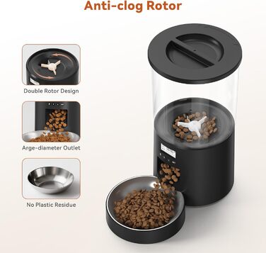 Автомат годівлі для котів 4.2L з окремою мискою, програмоване годування, подвійне живлення, 6 прийомів їжі на день (Чорний), миска з нержавіючої сталі