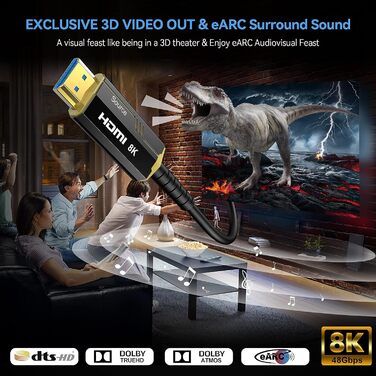 HDMI кабель 15м з оптоволокна 8K, HDMI 2.1: 48Gbps, підтримка 8K@60Hz, 4K@120/144Hz, HDR, eARC, Dolby Atmos для PS5/4, HDTV, PC, Laptop