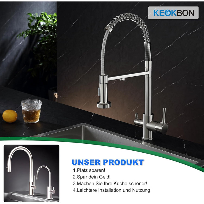 Кухонний змішувач 3 в 1 з поворотним гусаком 360° та двома режимами (з душем), з нержавіючої сталі та латуні, для фільтрації води, з двома ручками