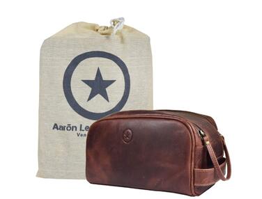 Шкіряна косметичка для чоловіків Aaron Leather — дорожній набір для догляду, темно-коричнева (горіх), з подвійною блискавкою
