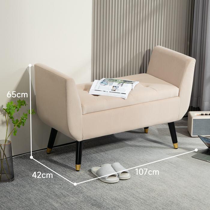 HOMCOM Luxury Bench with Storage, Armrests, and Trunk Bench, Velvet-like Polyester, Rubberwood, Beige, 107 x 42 x 65 cm | Aosom