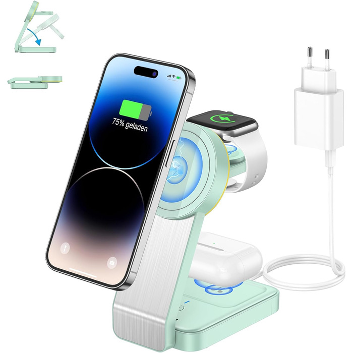 3-в-1 Станція Бездротової Зарядки з Індукцією для iPhone, Apple Watch та AirPods (Білий/Зелений)