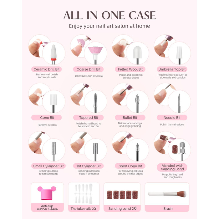 Електрична фрезерна машинка JOREST 13-в-1 бездротова, 35 000 об/хв, 6 режимів - набір для манікюру для гелевих та акрилових нігтів, догляд за нігтями для початківців, рожевий колір