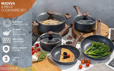 Набір каструль та сковорідок з антипригарним покриттям Nuovva - 8 предметів з кришками. Набір посуду для плити з індукційним нагріванням. Посуд з мармуровим покриттям.