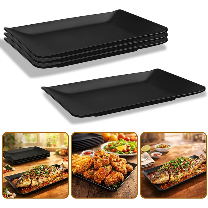 Teller Rechteckig: Сервірна тарілка прямокутна, чорна, для закусок, десертів, суші, салатів, фруктів, антипасті (9615-4)