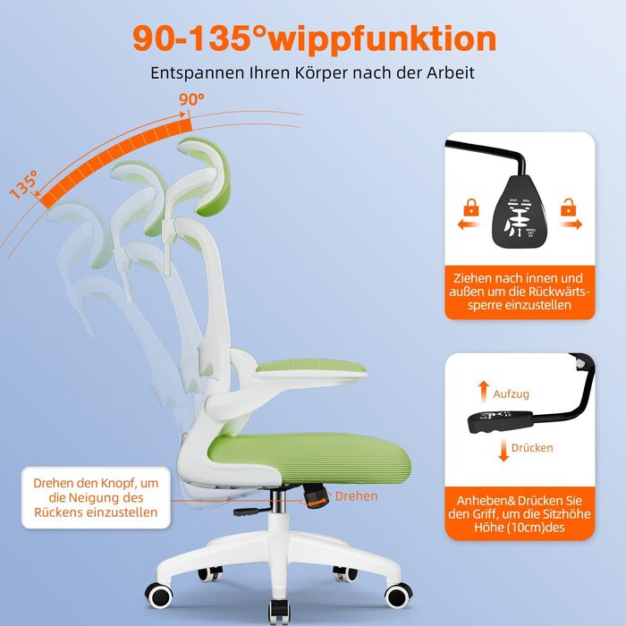 Ергономічне крісло для офісу з регульованою підголівником, підтримкою попереку та відкидними підлокітниками, крісло для начальника, 150 кг, функція гойдання до 135° (Зелений, Модель 2)