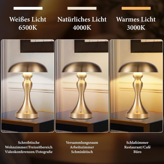 Бездротова настільна лампа з LED-підсвічуванням - торшер для спальні/вітальні з регулюванням яскравості, USB-зарядка, вінтажний дизайн (Золотий бронза)