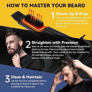 VIKICON 3-in-1 Beard Straightener Brush for Men - Professional Hair Comb & Volumizer with 4 Heat Settings (120-220°C) Iion Beard & Hair Straightening Brush for Home & Travel