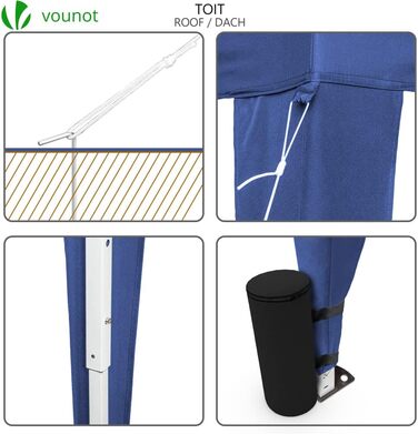 VOUNOT® Pavilion 3x3m with 4 Side Walls & 4 Sandbags, Pop-Up Folding Pavilion, Foldable Garden Tent Party Tent, including Bag, Grey (Blue+4 Side Walls)
