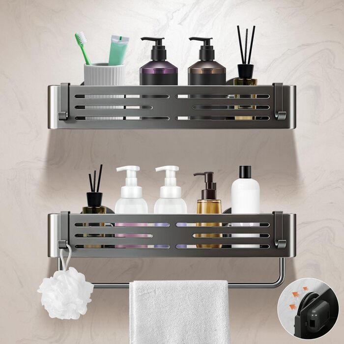 Дзеркальна поличка для душу Lekesky, 2 шт., Gunmetal Grey, алюміній, на присоску, без свердління, з 12 гачками, прямокутна