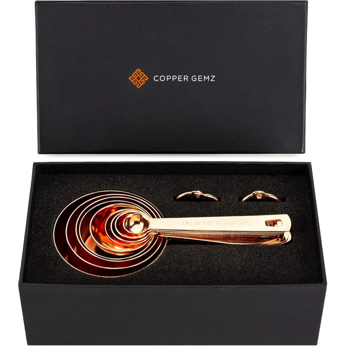 Copper and stainless steel measuring cups and spoons, copper-plated, high-quality stainless steel. Satin + high gloss polished. US + metric measurements. Kitchen gift under $30. From Copper Gemz Gift Box Packaging copper.