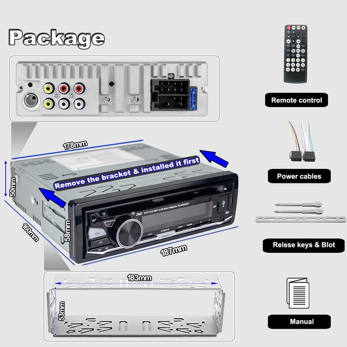 Hengweili автомагнітола 1DIN з CD/DVD, Bluetooth, FM/AM, App-керуванням, USB, SD, AUX, MP3