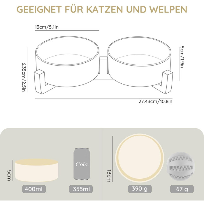 Набір мисок для котів та собак SPUNKYJUNKY з бамбукового підставки (400мл, Бежевий)