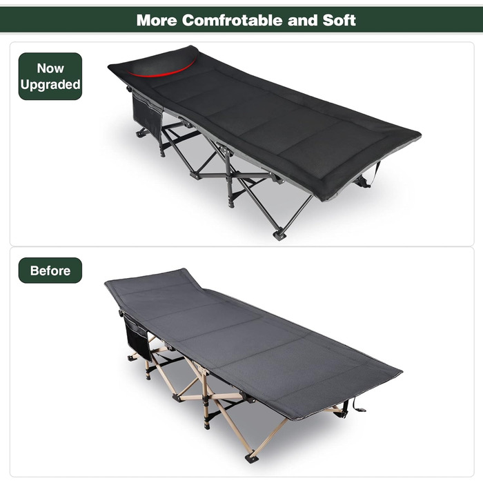 Кемпінгове ліжко REDCAMP XL з матрацом для дорослих, 226 кг, широке, розкладне, для відпочинку на природі, для гостей, для офісу, чорне