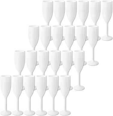 Schramm® Reusable Champagne Flutes in white, available in quantities of 6, 12, 24, or 48 pieces. 150 ml capacity. Champagne glasses, sparkling wine flutes, champagne goblets, stemmed glasses. Capacity: 24 pieces