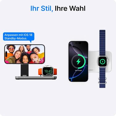 База для бездротової зарядки Voomy 3-в-1 з підтримкою MagSafe, для iPhone, AirPods та Apple Watch, 15W, складана, швидка зарядка, з USB-C кабелем та адаптером (Чорний)