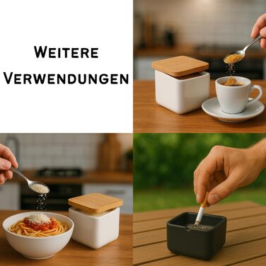 Керамічна цукерниця з ложкою та кришкою з бамбука - цукерниця для дому та кухні, сучасна куляста форма, для цукру, сиру, спецій, 10 x 10 x 9 см (Біла Кругла) (Чорна)