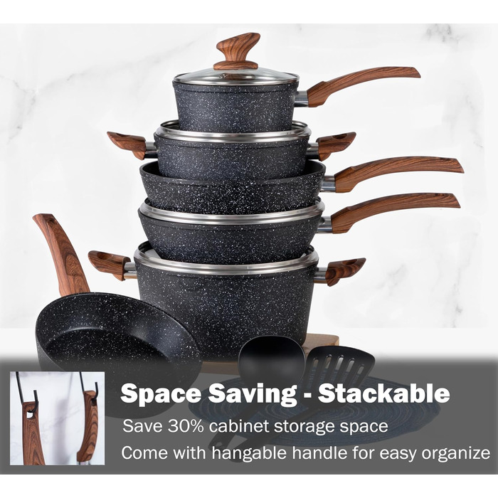 Набір каструль з нержавіючої сталі 12 шт. з кришками з термостійкого скла, гранітне покриття, чорний, ебенholz