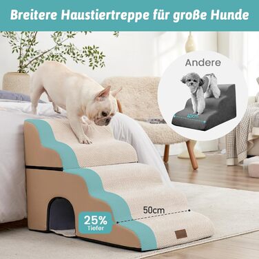 Dog Stairs for Small Dogs, Pet Stairs for Loft Bed made of High-Density Foam, Dog Stairs Dog Ramp with Washable Cover (83x50x57cm-Hole, 5.0) (Beige)