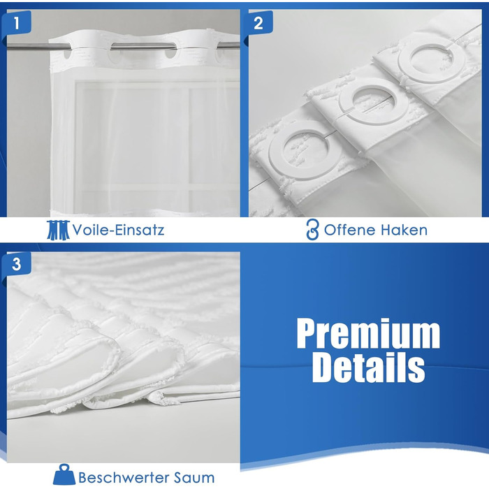 Водонепроникна штора для душу з тканини 180x190 см, 260 GSM, сіра (сітка-бохо-біла). Преміум-якість, антигрибкова, з 10 кільцями, стиль готелю/SPA, машинне прання