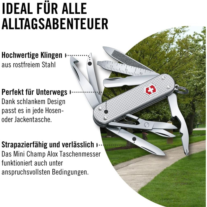 Швейцарський ніж Victorinox Mini Champ Alox: багатофункціональний інструмент, 15 функцій, Swiss Made, з відкривачем листів, відкривачем пляшок, інструментом для зачистки дротів, сріблястого кольору