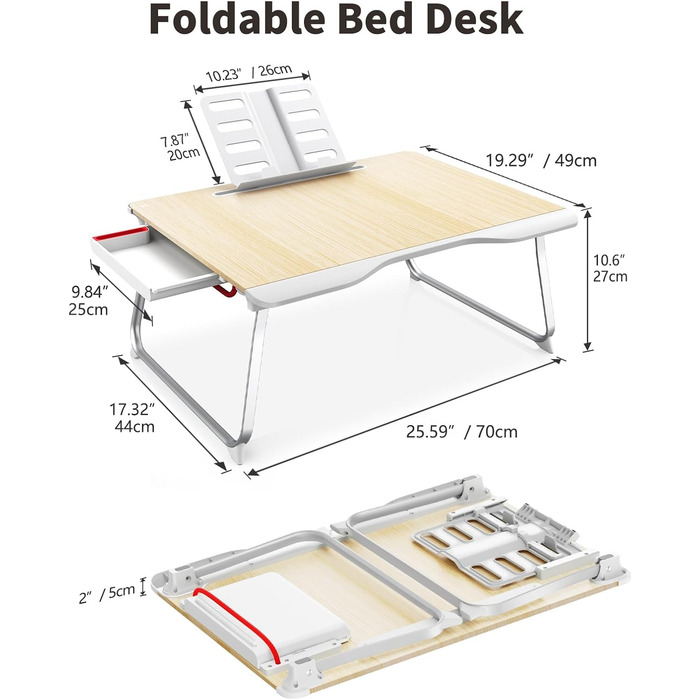 SAIJI Розкладний столик для ноутбука та планшета XXL з ящиком та підставкою для книг/телефону (65 x 49 x 30 см, Тік)