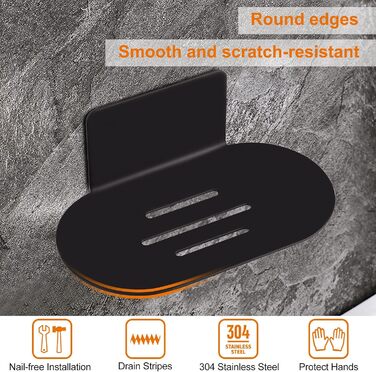 Тримач для мила на стіну без свердління HONZUEN, нержавіюча сталь, чорний. Підходить для ванної кімнати та кухні, для мила, губок, щіток.