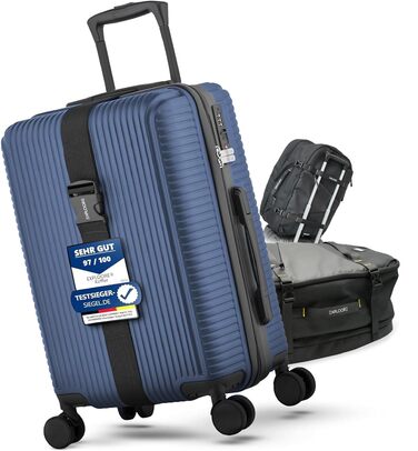 Чемодан ручної поклажі 55x40x20 см з телескопічною ручкою, легкий та міцний, з ABS-пластику з TSA-замком, з колесами, синій, ABS/PC + сумка