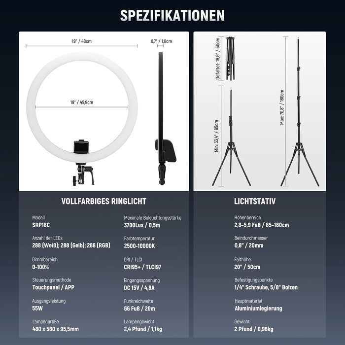 NEEWER кільцева лампа 20 дюймів LED з триподом та тримачем для телефону, 44 Вт 3200K-5600K з акумулятором, USB, для макіяжу, тату, вій, YouTube, TikTok, відеозйомки (SRP18C)