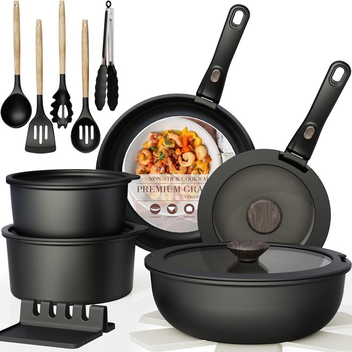 Набір посуду Astercook 21 предмет: каструлі та сковорідки з антипригарним покриттям, керамічний набір, знімні ручки, для дому та кемпінгу, сумісний з індукцією, можна мити в духовці, компактний, стійкий