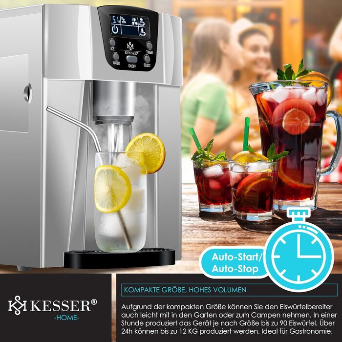Машина для приготування льоду KESSER® з нержавіючої сталі, 100W, 12 кг/24 год, 2 розміри кубиків, 2 л бак, таймер, LCD-дисплей, з аксесуарами (сріблястий)