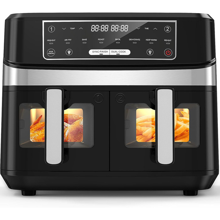 Фритюрниця повітряна з 2 камерами та вікном, 10л XXL, 8-в-1, сенсорний дисплей, таймер, без олії, здорове приготування