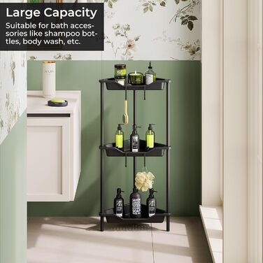 Поличка кутова OriwarE 3 ярусна для ванної, вітальні, спальні, чорна, з міцного пластику та металу, не потребує свердління, стійка до іржі