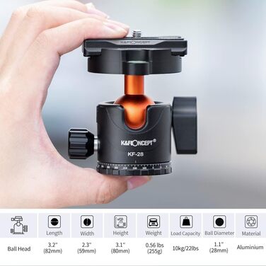 Штатив для камери K&F Concept 156см з вуглецевого волокна, компактний, знімний монопод, кульковий голівкою 360°, вантажопідйомність 15кг, A255C2+BH-36L