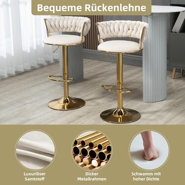 Avorio Velvet Bar Stools 2-Pack - Adjustable Height, Swivel with Footrest, Armrests & Backrest - Ergonomic Counter Stools for Kitchen Island, Bar, Restaurant
