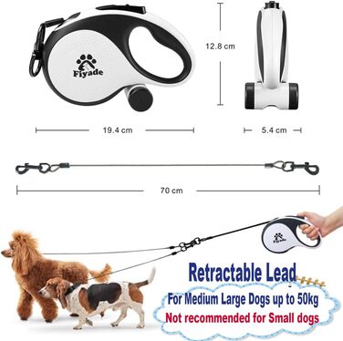 Висувна поводок для собак, 5 м, з ланцюгом, для 2 собак, витягуваний поводок для середніх та великих собак до 50 кг, білий та чорний
