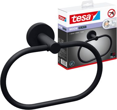 Кільце для рушників tesa Moon Black, овальне, матове чорне, настінне, без свердління, з клеєм, 53x184x130 мм