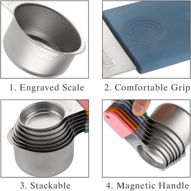 16-Piece Stainless Steel Measuring Cup and Spoon Set, 7 Sturdy Cups, 8 Double-Sided Spoons with Leveler, Multicolored