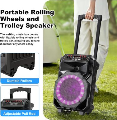 Караоке-машина з 2 бездротовими мікрофонами, коліщатками та ручкою-телескопом - портативна Bluetooth-система з акумулятором 8800mAh, PA-система з підсвічуванням, регулюванням басів/високих частот/ефектом ехо для вечірок, для дому A5