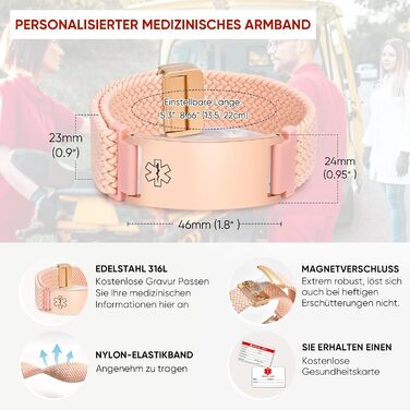 Браслет-брелок для екстрених випадків FLHEART з гравіюванням - медичний браслет SOS для діабету, епілепсії, алергії. Матеріал: рожеве золото, регульований, з магнітною застібкою. Для чоловіків та жінок.