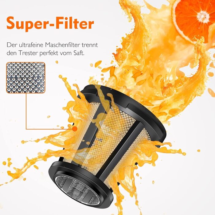 AMZCHEF Juicer for Vegetables and Fruits - Test Winner - Slow Juicer with Reverse-Masticating Function - Gentle Crushing Without Filtering - Electric Juice Press with Brush and 2 Cups - Orange