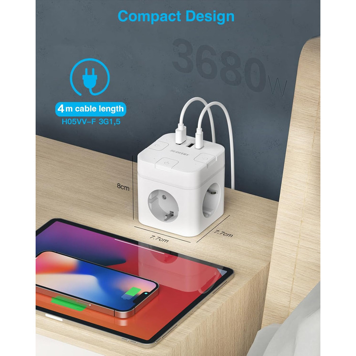 Розетка-смуга 6 в 1 з USB-C, 3 розетки, плагін, індивідуальне вмикання, куб, з кабелем, 1 USB-C, для офісу, дому, подорожей (4M, білий)