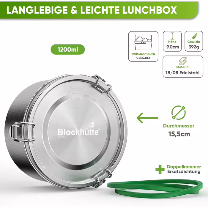 Ланчбокс Blockhütte Premium круглий 1200 мл із нержавіючої сталі з гофелем і 2 ущільнювачами, герметичний контейнер для їжі, морозостійкий, для офісу